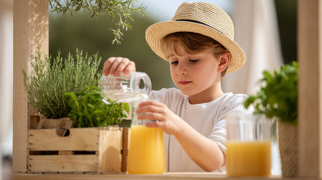 Cute child in straw hat selling fresh homemade lemonade at wooden stand. Young boy pouring yellow citrus drink from glass pitcher surrounded by herbs and plants on sunny summer day outdoor patio.