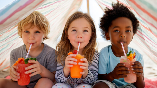 Happy diverse children enjoying colorful mocktails at summer party under striped tent. Kids drinking healthy fruit beverages with straws, celebrating friendship and fun outdoor lifestyle.