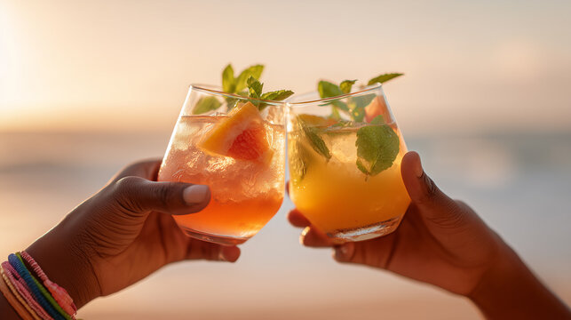 Summer cocktails cheers at beach sunset with mint garnish and ice. Tropical mocktails toasting celebration for vacation lifestyle, golden hour drinks and refreshing beverages party concept.
