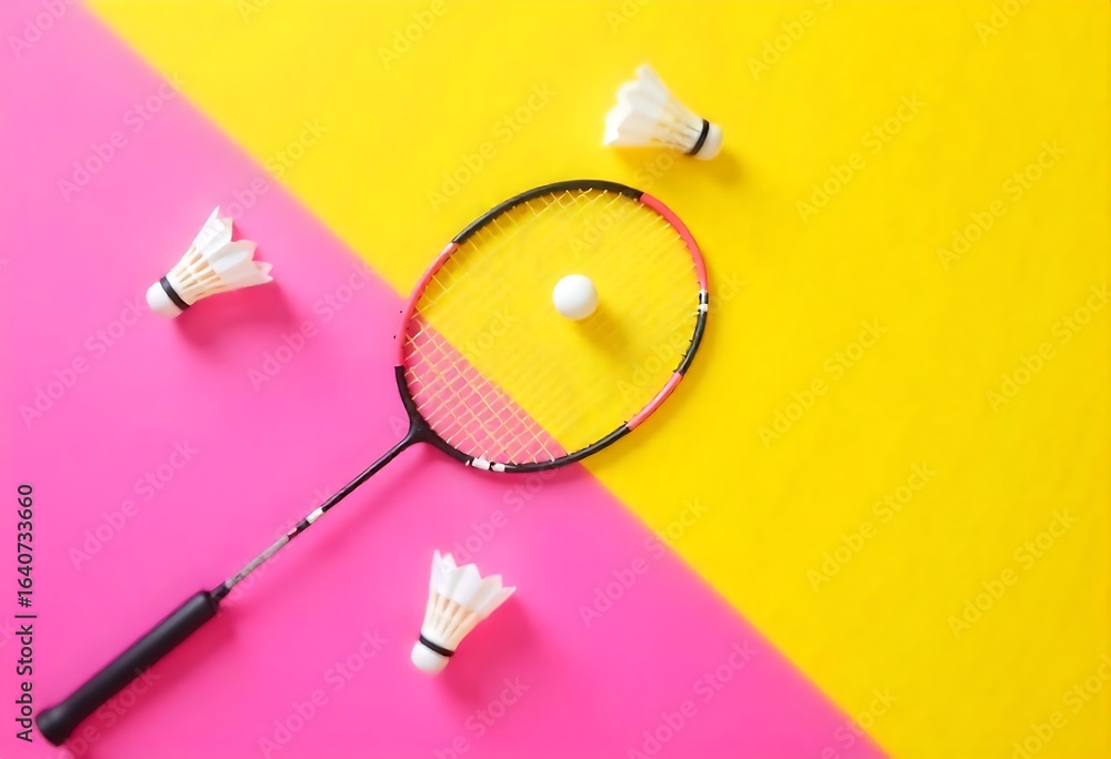 Aufkleber generative ai: a badminton setup with a racket, shuttlecocks, and ball on colorful backdrop