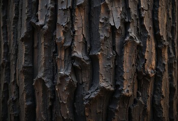 Close up detailed view of textured burnt tree bark showing charred layers and deep cracks