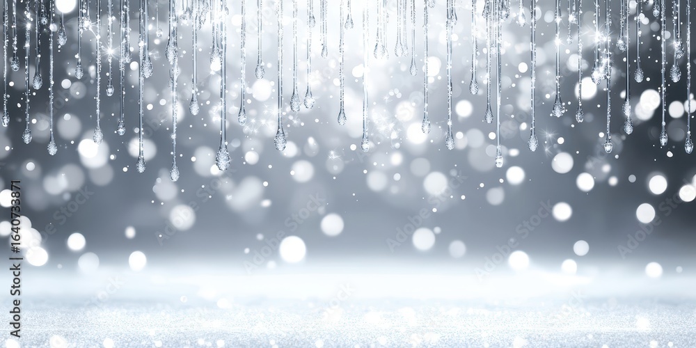 Poster a shimmering background with hanging droplets and soft bokeh effects, creating a magical, wintry atm