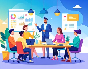 A group of business professionals engaged in a collaborative meeting, with a male leader presenting data and ideas in a vibrant office.