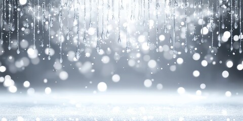 Fototapeta premium A shimmering background with hanging droplets and soft bokeh effects, creating a magical, wintry atmosphere.