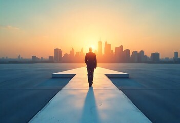 Generative AI: A Businessman Walking Toward a City Sunset on an Arrow-Shaped Path to Success