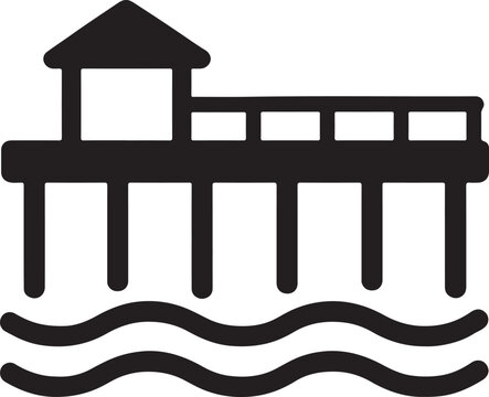Beach pier silhouette icon in vector EPS format. Coastal, marine, and seaside landscape theme graphic design.