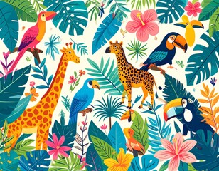 Fototapeta premium Colorful illustration featuring giraffes, toucans, and parrots amidst vibrant tropical foliage, including leaves, flowers, and bananas, creating a lively jungle scene.