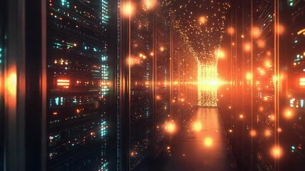 Server room glowing with data transferring through network infrastructure - Powered by Adobe