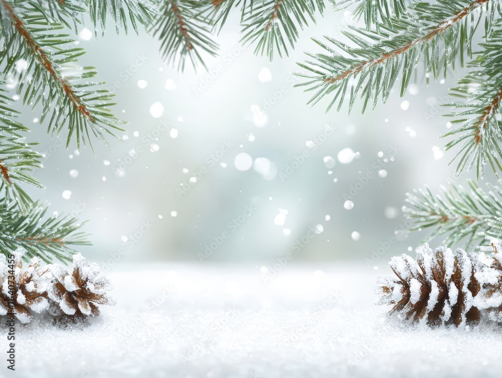 Poster a serene winter scene featuring pine branches and snow-covered pine cones, creating a tranquil atmos