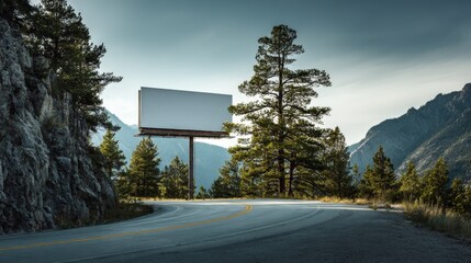 Billboard Mockup on Mountain Road: Advertising Opportunity with Scenic Landscape for Outdoor Campaigns