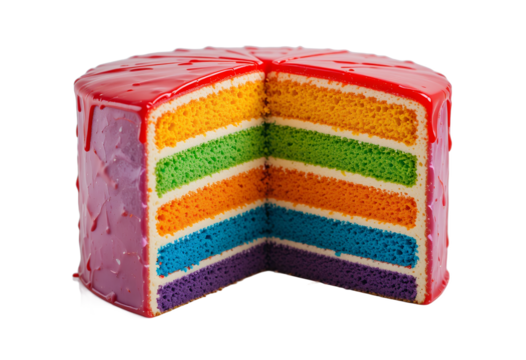 Vibrantly colored multi-layered cake with glossy red icing partially sliced to reveal rainbow