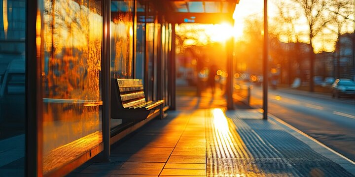 Sunset illuminates empty bus stop bench and street