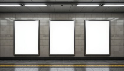 Three Blank Billboards on underground wall Mockup, Vertical template in subway station, mockup billboard