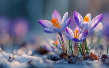 Delicate purple crocus flowers emerge from melting snow