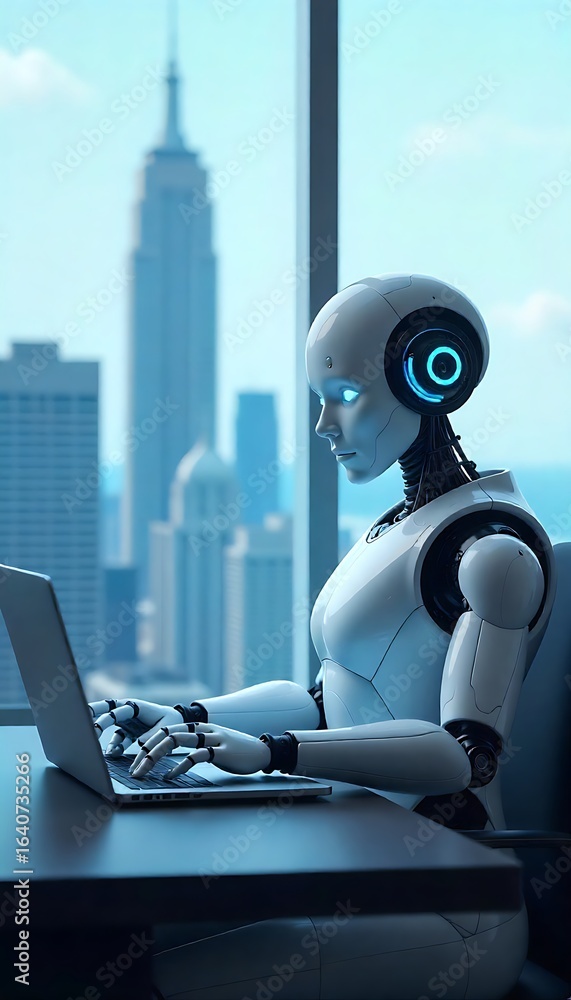 Aufkleber generative ai: a futuristic android working on a laptop in a modern office setting overlooking a