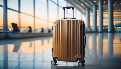 Gold suitcase in airport terminal, travel concept