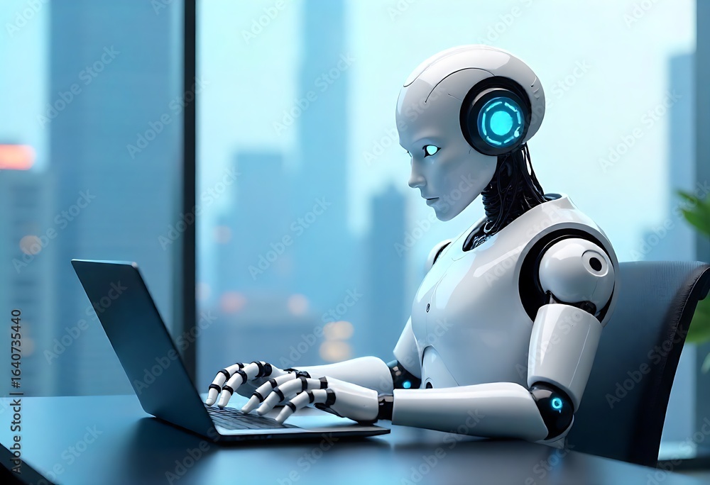 Poster generative ai: a futuristic humanoid robot engrossed in work on a sleek laptop computer