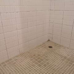 Tiled floor in toilet misuse selection Stains and fungus. The concept of moisture and dirt and empty space for text.	