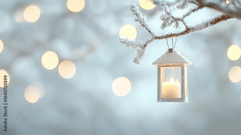 Poster a winter lantern hangs from a frosted branch, surrounded by soft glowing lights, creating a serene a