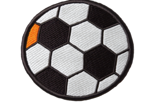 Soccer football embroidered patch badge showcasing a classic black and white hexagonal pattern with an orange detail, perfect for enthusiasts and collectors alike