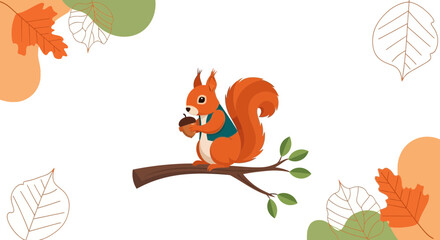 Cartoon illustration of a cute squirrel eating a nut on a tree branch autumn background
