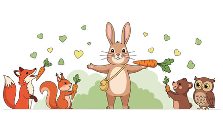 Charming woodland animals gather around a benevolent rabbit offering fresh carrots vector
