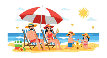 Cartoon illustration of a happy family enjoying a summer vacation at the beach with sandcastles and sunshine