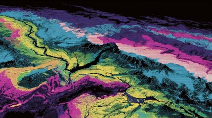 Elevated view, colorful terrain map.  Intricate valleys, mountain ranges.  Varied hues.  Digital art