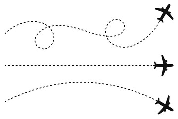 Three airplanes flying on dashed lines showing flight paths with different trajectories