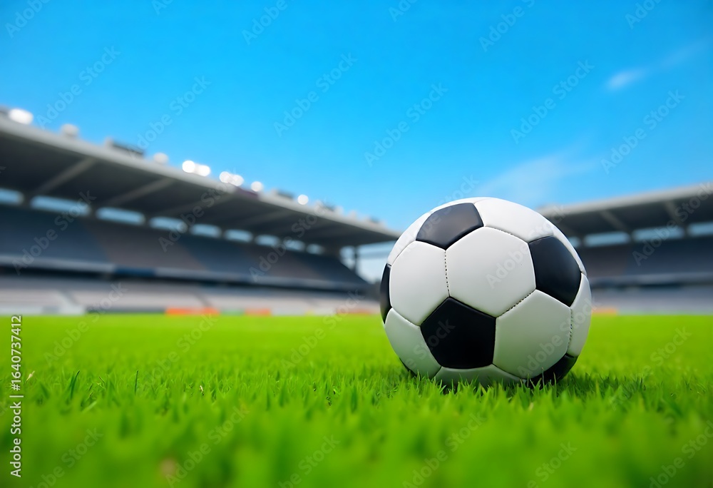 Poster generative ai: a realistic depiction of a soccer ball on a green field in a stadium setting