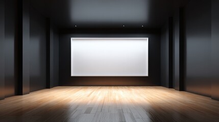 Modern Exhibition Room with Blank White Screen and Wooden Floor, Ideal for Mockups and Presentations