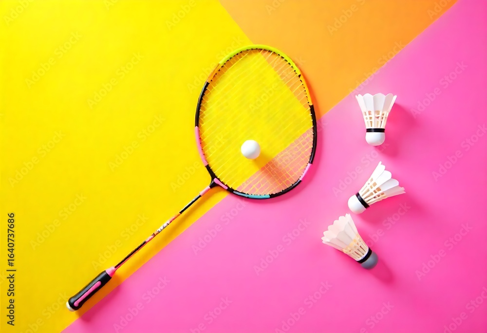 Poster generative ai: a vibrant badminton composition with a racket, shuttlecocks, and a dynamic color