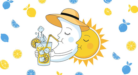 Cheerful summer illustration of the moon sipping lemonade with the sun in the background