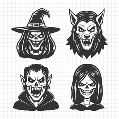 Black and White Halloween Horror Character Faces Vector Set