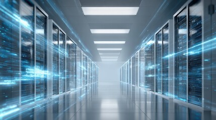 Data Center Server Room with Futuristic Blue Light Streaks, Modern Infrastructure and Technology Concept