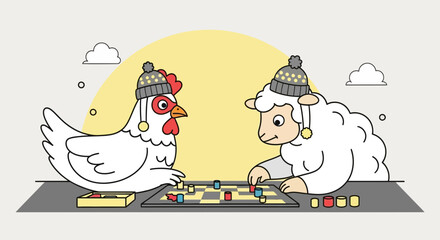 Chicken And Sheep Playing Checkers Wearing Beanies On A Sunny Day Cartoon