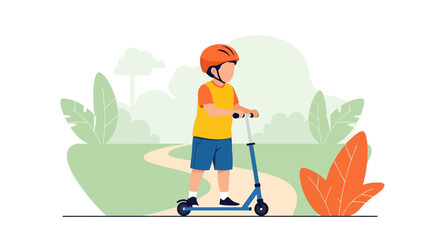 Child Enjoying Outdoor Activities With Scooter In A Green Park Area