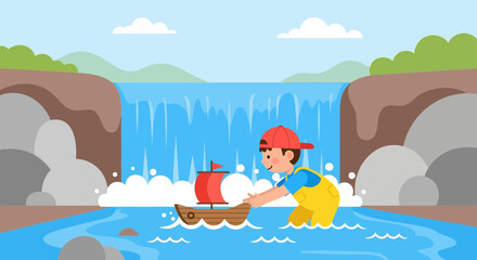 Childhood Adventure Boy Playing Boat Near Waterfall in Summer Day Illustration