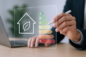Energy Efficiency Analysis: Man Analyzing Home Energy Performance Grades with Stylus on Digital Interface