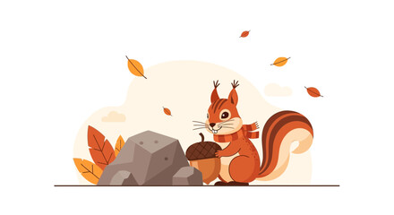 Obraz premium Cartoon squirrel with scarf and acorn, surrounded by autumn leaves illustration