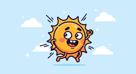 Fototapeta premium Cartoon sun character joyfully jumping amidst fluffy clouds in a bright blue sky illustration