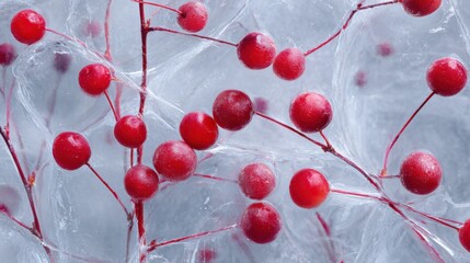 top view of red berries frozen in clear ice, artistic composition, cool tones, soft natural light, high detail