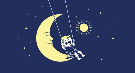 Naklejka premium Child's Delight: A Whimsical Journey on the Moon Swing Under the Starlit Sky