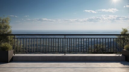 Obraz premium Balcony Overlook: Tranquil Vista of Distant Hills and Sky with Metal Railing and Concrete Floor