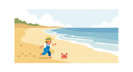 Child's Beach Adventure Excitement Runs Toward Crab Illustration Captures Summer Day