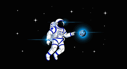 Cartoonish Astronaut Floating In Deep Space Touching A Distant Glowing Rock