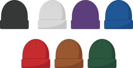 Colorful beanie hat vector set, winter wool cap illustrations, knit headwear icons, cozy fashion clipart for apparel design, branding, printing, and accessories projects