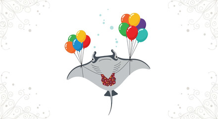 Celebrate A Joyful Occasion With Cartoon Manta Ray Floating With Colorful Balloons