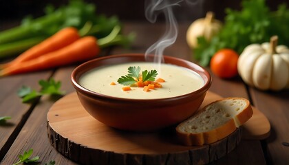 A bowl of creamy vegetable soup garnished with herbs, accompanied by bread slices., comforting and nutritious meal, created with generative ai