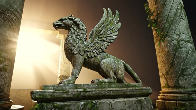 Majestic stone griffin statue perched on a weathered pedestal in an ancient temple, illuminated by soft light